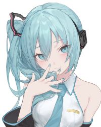 Rule 34 | 1girl, absurdres, alternate hairstyle, aqua eyes, aqua nails, aqua necktie, bare shoulders, black sleeves, blue eyes, blue hair, closed mouth, collared shirt, derivative work, detached sleeves, grey shirt, hatsune miku, hatsune miku (noodle stopper), highres, long hair, looking at viewer, mmmmmoill, nail polish, necktie, photo-referenced, shirt, side ponytail, simple background, solo, upper body, vocaloid, white background