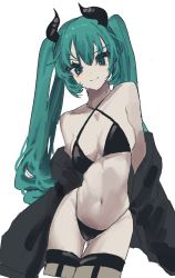 Rule 34 | 1girl, absurdres, aqua hair, bikini, black bikini, black jacket, black thighhighs, blue eyes, breasts, commentary request, dark persona, hatsune miku, highleg, highleg bikini, highres, horns, jacket, long hair, long sleeves, looking at viewer, medium breasts, off shoulder, simple background, sketch, smile, solo, swimsuit, tachibana wataru (123tsuki), thighhighs, twintails, very long hair, vocaloid, white background