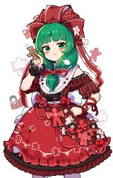 Rule 34 | 1girl, :3, arm wrap, back bow, blunt bangs, blush, bow, commentary, cowboy shot, doll, dress, frilled dress, frilled ribbon, frills, green eyes, green hair, hair bow, hair ribbon, highres, hina ningyou, holding, holding doll, howhow notei, kagiyama hina, lace, lace-trimmed dress, lace trim, lolita fashion, long hair, looking at viewer, notice lines, off-shoulder dress, off shoulder, paper doll, power item (touhou), puff of air, red bow, red dress, red ribbon, ribbon, short sleeves, solo, straw doll, striped bow, sweet lolita, touhou, vertical-striped bow, white background, white bow, wrist cuffs