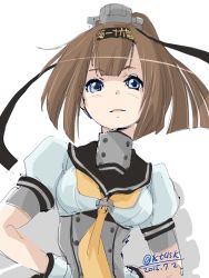 Rule 34 | 10s, 1girl, 2015, 4suke, akizuki (kancolle), alternate hair color, blue eyes, brown hair, clothes writing, corset, dated, gloves, hairband, hands on own hips, kantai collection, long hair, ponytail, puffy short sleeves, puffy sleeves, short sleeves, siblings, simple background, solo, upper body