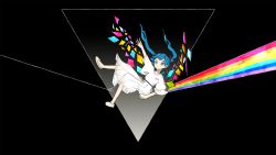 Rule 34 | 1girl, alternate costume, blue eyes, blue hair, dark side of the moon, dress, floating hair, hatsune miku, highres, long hair, neruzou, pink floyd, prism, rainbow, solo, twintails, vocaloid, white dress, white footwear, wide shot