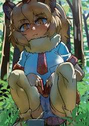 Rule 34 | 1girl, blonde hair, blush, clothes lift, fuji takanasu, highres, kemono friends, lifted by self, lion (kemono friends), lion girl, outdoors, panties, peeing, peeing in cup, peeing self, skirt, skirt lift, smile, solo, squatting, underwear, upskirt, yellow eyes