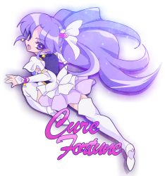 Rule 34 | 10s, 1girl, :d, arm warmers, boots, character name, cure fortune, earrings, full body, guchurimu genrishugi, hair ornament, happinesscharge precure!, heart, heart hair ornament, highres, hikawa iona, jewelry, long hair, looking back, magical girl, open mouth, precure, purple eyes, purple hair, purple skirt, skirt, smile, solo, thigh boots, thighhighs, white thighhighs, wide ponytail