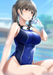 Rule 34 | 1girl, blue one-piece swimsuit, blurry, breasts, brown eyes, commentary request, competition swimsuit, covered navel, cowboy shot, depth of field, drinking straw, goggles, goggles around neck, grey hair, highres, long hair, medium breasts, one-piece swimsuit, original, drinking, sitting, solo, suzuki nene, swimsuit, tumbler, twintails