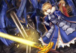 Rule 34 | 3girls, ahoge, armor, armored dress, artoria pendragon (fate), avalon (fate/stay night), bad id, bad pixiv id, black hair, blonde hair, cape, dress, fate/stay night, fate/zero, fate (series), gauntlets, glowing, glowing sword, glowing weapon, green eyes, guinevere, guinevere (fate/zero), hair ribbon, linsert, morgan le fay (fate), multiple girls, ribbon, saber (fate), sheath, sword, weapon