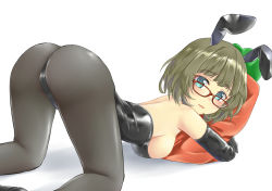 Rule 34 | 1girl, aimobake, animal ears, aqua eyes, ass, bad id, bad twitter id, bespectacled, black footwear, black gloves, black leotard, black pantyhose, breasts, brown hair, carrot-shaped pillow, commentary, elbow gloves, fake animal ears, glasses, gloves, high heels, highres, holding, holding pillow, idolmaster, idolmaster cinderella girls, large breasts, leotard, looking at viewer, looking back, mole, mole under eye, pantyhose, parted lips, pillow, playboy bunny, rabbit ears, red-framed eyewear, shadow, short hair, simple background, smile, solo, strapless, strapless leotard, takagaki kaede, thigh gap, thong leotard, top-down bottom-up, white background
