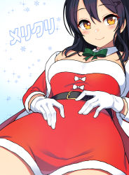 Rule 34 | 1girl, black hair, blush, bow, bowtie, breasts, christmas, coat, commentary request, detached collar, dress, fur-trimmed dress, fur trim, gloves, gradient background, green bow, green bowtie, hair between eyes, kantai collection, long hair, looking at viewer, merry christmas, official alternate costume, open clothes, open coat, orange eyes, oyashio (kancolle), red coat, red dress, santa costume, simple background, smile, snowflakes, solo, taketora suzume, white gloves
