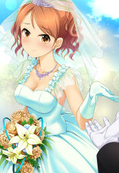 Rule 34 | 1girl, alternate hairstyle, blue dress, blue gloves, blue wedding dress, blush, bouquet, breasts, bridal veil, bride, brown eyes, cleavage, collarbone, commentary request, day, dress, earrings, flower, gloves, hair up, highres, hojo karen, holding, holding bouquet, idolmaster, idolmaster cinderella girls, jewelry, medium breasts, mk (mod0), necklace, orange hair, outstretched hand, pov, pov hands, short hair, smile, solo focus, tears, tiara, veil, wavy hair, wedding dress