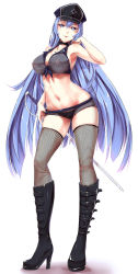 Rule 34 | 10s, 1girl, akame ga kill!, blue eyes, blue hair, breasts, colored eyelashes, covered erect nipples, esdeath, hat, highres, large breasts, long hair, matching hair/eyes, midriff, navel, nipples, packge, peaked cap, see-through, solo, sword, very long hair, weapon