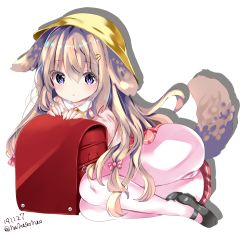 Rule 34 | 1girl, :o, animal ears, ass, azur lane, backpack, bag, black footwear, blush, brown hair, child, collared shirt, commentary request, crescent, crescent hair ornament, dated, dog ears, dog girl, dog tail, drop shadow, full body, fumizuki (azur lane), hair between eyes, hair ornament, hat, long hair, looking at viewer, nanase nao, pantyhose, parted lips, pink pantyhose, pink shirt, pleated skirt, purple eyes, randoseru, red skirt, school hat, shirt, shoes, skirt, solo, tail, twitter username, very long hair, white background, yellow hat