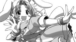 Rule 34 | 1girl, :d, animal ears, asada hachi, blush stickers, bow, bracelet, commentary request, dress, fake animal ears, fang, gloves, greyscale, hair bow, happy, hat, jewelry, long hair, looking at viewer, magical girl, monochrome, nakahara komugi, nurse cap, nurse witch komugi-chan, open mouth, parted bangs, rabbit ears, smile, solo, waving, white background, wings