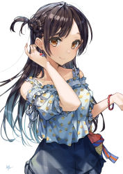 Rule 34 | 1girl, absurdres, bare shoulders, basket, blue shirt, blue skirt, bracelet, breasts, brown eyes, brown hair, closed mouth, collarbone, earrings, floral print, hand up, highres, jewelry, kanojo okarishimasu, long hair, mizuhara chizuru, off-shoulder shirt, off shoulder, one side up, parted bangs, print shirt, puffy short sleeves, puffy sleeves, shirt, short sleeves, signature, simple background, skirt, small breasts, smile, solo, takenoko no you, very long hair, white background