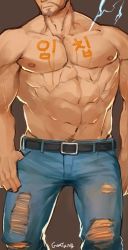 Rule 34 | 1boy, abs, bandaid, bandaid on cheek, bandaid on face, bara, bare pectorals, beard, black hair, bulge, cyphers, damian doyle (cyphers), dark-skinned male, dark skin, facial hair, gomtang, highres, large pectorals, male focus, male pubic hair, mature male, mohawk, muscular, muscular male, navel, navel hair, nipples, pectoral cleavage, pectorals, penis, pubic hair, short hair, sideburns, sidepec, solo, stomach, stubble, thick thighs, thighs, third-party source, topless male