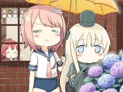 Rule 34 | 3girls, ahoge, blue eyes, chibi, commentary request, cropped jacket, engiyoshi, flower, garrison cap, hair ornament, hair ribbon, hat, heart, holding, holding umbrella, hydrangea, i-168 (kancolle), i-19 (kancolle), i-401 (kancolle), i-58 (kancolle), i-8 (kancolle), kantai collection, long hair, long sleeves, maru-yu (kancolle), military, military uniform, multiple girls, neckerchief, one-piece swimsuit, pink hair, ponytail, puffy long sleeves, puffy sleeves, rain, red hair, ribbon, sailor collar, school swimsuit, school uniform, serafuku, short hair, snail, swimsuit, swimsuit under clothes, teruterubouzu, u-511 (kancolle), umbrella, uniform, water, white hair