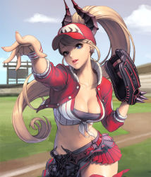 Rule 34 | 1girl, alternate costume, baseball cap, baseball glove, baseball stadium, blonde hair, blue eyes, breasts, card (medium), chaos online, cleavage, cloud, collarbone, cowboy shot, day, demon horns, hat, horns, jacket, large breasts, long hair, love cacao, midriff, navel, official art, open clothes, open jacket, outdoors, parted lips, pleated skirt, ponytail, serena (chaos online), skirt, sky, solo, throwing