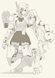 Rule 34 | 1girl, bad id, bad pixiv id, bow, bowtie, closed mouth, collared shirt, commentary request, full body, greyscale, gun, hairband, highres, holding, holding gun, holding weapon, kunami himehiko, mechanical arms, mechanical legs, monochrome, original, pleated skirt, robot, shirt, short hair, skirt, solo, submachine gun, thighhighs, weapon, wing collar, zettai ryouiki