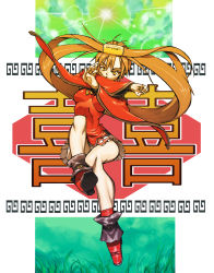 Rule 34 | 1girl, arc system works, boots, breasts, brown hair, chinese clothes, detached sleeves, female focus, full body, guilty gear, highres, hip focus, impossible clothes, impossible shirt, kuradoberi jam, long hair, miniskirt, nature, outdoors, panties, pantyshot, shirt, skirt, sky, solo, underwear, very long hair, white panties, wide hips, yellow eyes, ysk!