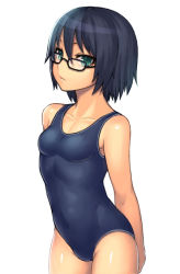 Rule 34 | 1girl, aqua eyes, arms behind back, black-framed eyewear, black hair, blue one-piece swimsuit, breasts, covered navel, cowboy shot, expressionless, from side, glasses, hair between eyes, katagiri (a1466502), looking at viewer, navel, one-piece swimsuit, original, shiny skin, short hair, simple background, small breasts, solo, standing, swimsuit, white background