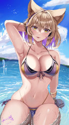 Rule 34 | 1girl, absurdres, bad anatomy, bad perspective, bare arms, bare legs, bare shoulders, bikini, blush, bracelet, breasts, collarbone, dated, day, earmuffs, hair between eyes, head tilt, highres, hossy, jewelry, large breasts, light brown hair, open mouth, partially submerged, pointy hair, purple bikini, short hair, signature, solo, swimsuit, touhou, toyosatomimi no miko, water, yellow eyes