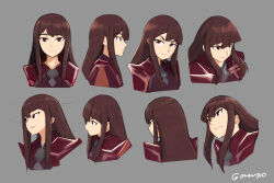 Rule 34 | 1girl, aged up, brown hair, commentary, diooksan, english commentary, grey background, highres, kagari atsuko, little witch academia, long hair, looking at viewer, looking to the side, multiple views, profile, red eyes, sidelocks, signature, simple background, upper body