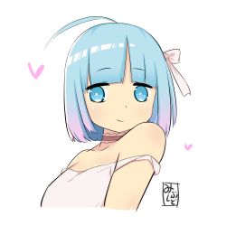 Rule 34 | 1girl, absurdres, ahoge, bare shoulders, blue eyes, blue hair, blunt bangs, blunt ends, blush, bob cut, breasts, bright pupils, choker, closed mouth, commentary request, cropped torso, gradient hair, heart, highres, jitome, light blue hair, light blush, light smile, medium breasts, mibushido (milking), multicolored hair, original, pink choker, pink hair, ringed eyes, short hair, simple background, small breasts, smile, solo, strap slip, upper body, white background, white pupils