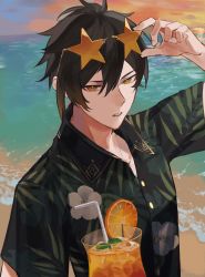 Rule 34 | 1boy, alternate costume, antenna hair, arm up, beach, brown hair, buttons, collared shirt, commentary request, cup, drinking glass, drinking straw, eyeshadow, eyewear on head, floral print, food, fruit, genshin impact, gradient hair, hair between eyes, highres, kichi owo, looking at viewer, makeup, male focus, multicolored hair, ocean, open mouth, orange (fruit), orange eyes, orange hair, orange slice, print shirt, red eyeshadow, shirt, star-shaped eyewear, star (symbol), zhongli (genshin impact)
