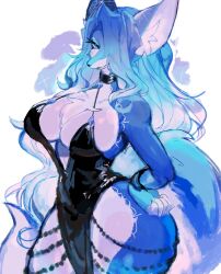 Rule 34 | animal ears, blue fur, blue hair, breasts, cleavage, cocktail dress, dress, eyeshadow, furry, furry female, hand on own hip, highres, inner sideboob, large breasts, long hair, looking at viewer, makeup, multicolored hair, original, sideboob, smile, tail, thick thighs, thighs, usa37107692, white fur, white hair, wide hips, wolf ears, wolf girl, wolf tail