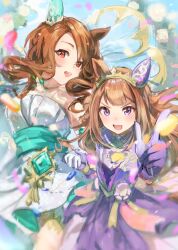 Rule 34 | 2girls, absurdres, animal ears, bare shoulders, blush, brown hair, commentary request, cowboy shot, dress, ear covers, gloves, highres, holding hands, horse ears, horse girl, horse tail, index finger raised, jewelry, king halo (evergreen identity) (umamusume), king halo (umamusume), long hair, looking at viewer, multiple girls, necklace, official alternate costume, official alternate hairstyle, open mouth, purple dress, purple eyes, purple gloves, red eyes, single ear cover, smile, strapless, strapless dress, sweep tosho (realize rune) (umamusume), sweep tosho (umamusume), tail, teeth, tiara, umamusume, upper teeth only, v-shaped eyebrows, wedding dress, white dress, white gloves, yoshiaki (yosiaki ml)