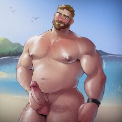 Rule 34 | 1boy, adam&#039;s apple, arm hair, armpit hair, armpit hair peek, bara, beach, beard, belly, blush, brown hair, chain necklace, completely nude, coral island, cowboy shot, eido art, erection, facial hair, full beard, hairy, head tilt, highres, jewelry, large pectorals, looking at penis, male focus, muscular, muscular male, necklace, nude, pectorals, penis grab, precum, pubic stubble, sand, short hair, smile, solo, sparse arm hair, sparse chest hair, sparse leg hair, standing, thick beard, thick mustache, uncensored, water