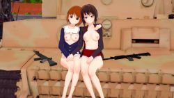 Rule 34 | 2girls, 3d, blush, breasts, breasts out, brown eyes, brown hair, closed mouth, dot nose, female focus, girls und panzer, gun, highres, holding hands, kuromorimine military uniform, large breasts, legs together, looking at viewer, microskirt, military, military uniform, military vehicle, motor vehicle, multiple girls, nipples, nishizumi maho, nishizumi miho, no bra, ooarai military uniform, open clothes, panties, pleated skirt, red skirt, rifle, short hair, sitting, skirt, small breasts, smile, tank, underwear, uniform, weapon, white panties, yuri