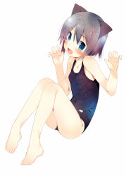 Rule 34 | 1girl, animal ears, ass, barefoot, blue eyes, blush, cat ears, fang, feet, full body, hugging own legs, looking at viewer, meito (maze), one-piece swimsuit, open mouth, original, paw pose, school swimsuit, short hair, silver hair, sitting, smile, solo, source request, swimsuit, toes, white background