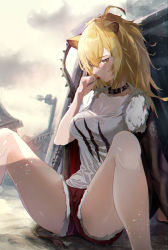 Rule 34 | 1girl, ahoge, animal ears, arknights, bad id, bad pixiv id, bare legs, black choker, black jacket, blonde hair, breasts, building, candy, choker, cleavage, cloud, cloudy sky, commentary, day, expressionless, food, fur-trimmed jacket, fur trim, grey sky, hair between eyes, hammer, highres, holding, holding candy, holding food, holding lollipop, jacket, jacket on shoulders, lion ears, lion tail, lollipop, long hair, looking at viewer, medium breasts, outdoors, ponytail, red shorts, ruins, shichi (ratorin53), short shorts, shorts, siege (arknights), sitting, sky, sledgehammer, solo, spread legs, studded choker, tail, tank top, thighs, white tank top, yellow eyes