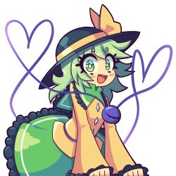 Rule 34 | 1girl, black hat, blush stickers, bright pupils, daigada, green eyes, green hair, green skirt, hat, hat ribbon, heart, heart of string, highres, komeiji koishi, long hair, long sleeves, looking at viewer, open mouth, ribbon, shirt, simple background, skirt, smile, solo, teeth, thick eyebrows, third eye, touhou, transparent background, upper body, upper teeth only, white pupils, yellow ribbon, yellow shirt