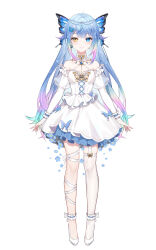 Rule 34 | 1girl, absurdres, ahoge, ameki (vtuber), animal print, ankle cuffs, aqua hair, blue butterfly, blue dress, blue eyes, blue flower, blue gemstone, blue hair, blush, bojipiaoji, breasts, bug, butterfly, butterfly print, butterfly wings, closed mouth, detached collar, detached sleeves, dress, flower, full body, garter straps, gem, gradient hair, hair ornament, head wings, heterochromia, highres, insect, insect wings, juliet sleeves, layered dress, leg ribbon, long hair, long sleeves, looking at viewer, medium breasts, mole, mole under eye, multicolored hair, nijisanji, official art, one eye closed, pearl hair ornament, pink hair, puffy sleeves, ribbon, see-through, see-through sleeves, short dress, single thighhigh, sleeveless, sleeveless dress, smile, solo, standing, star (symbol), star hair ornament, tachi-e, thighhighs, two-tone dress, very long hair, virtual youtuber, virtuareal, white background, white dress, white ribbon, white thighhighs, wings, yellow eyes