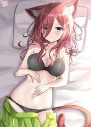 Rule 34 | 1girl, akino ell, animal ears, bare shoulders, bed sheet, black bra, black panties, blue eyes, blush, bra, breasts, brown hair, cat ears, cat girl, cat tail, cleavage, closed mouth, collarbone, commentary request, eyes visible through hair, frown, go-toubun no hanayome, green skirt, groin, hair over one eye, halterneck, highres, kemonomimi mode, large breasts, long hair, looking at viewer, lying, nakano miku, navel, on back, panties, pillow, pleated skirt, skirt, solo, stomach, tail, underwear