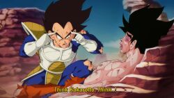 Rule 34 | 2boys, absurdres, armor, black hair, blood, blue bodysuit, bodysuit, bruise, bruise on face, bruised eye, chest armor, day, dragon ball, dragonball z, easterhands, english text, finger to head, gloves, highres, injury, invincible (series), large pectorals, looking at another, male focus, meme, multiple boys, muscular, muscular male, nipples, open mouth, outdoors, pectorals, pointing, pointing at self, saiyan armor, short hair, sky, son goku, spiked hair, think mark think! (meme), torn bodysuit, torn clothes, vegeta, white gloves