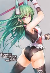 Rule 34 | &gt;:o, 1girl, :o, arched back, armpits, ass, black gloves, black thighhighs, english text, from behind, gloves, gradient background, green hair, happy birthday, headgear, highres, leotard, long hair, looking back, menou kaname (taishi), open mouth, original, purple eyes, shiny clothes, solo, taishi (picchiridou), thighhighs, v-shaped eyebrows