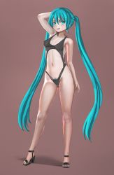 Rule 34 | 1girl, arm behind head, arm up, aruman, black footwear, black one-piece swimsuit, blue eyes, blue hair, breasts, clothing cutout, collarbone, covered erect nipples, female focus, female pubic hair, full body, hatsune miku, high heels, highres, legs apart, long hair, looking at viewer, matching hair/eyes, medium breasts, navel, navel cutout, one-piece swimsuit, open mouth, pubic hair, pubic hair peek, sandals, smile, solo, standing, swimsuit, twintails, very long hair, vocaloid