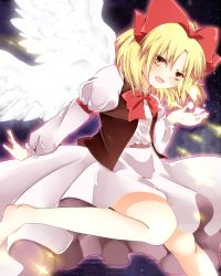Rule 34 | 1girl, angel wings, bare legs, barefoot, belt, blonde hair, bow, bowtie, breasts, brown vest, collared dress, commentary request, dress, feathered wings, foot out of frame, gengetsu (touhou), hair bow, juliet sleeves, leg up, long sleeves, looking at viewer, open clothes, open mouth, open vest, pink belt, puffy sleeves, red bow, red bowtie, seiya (snxmari), short hair, sleeve garter, small breasts, star (sky), touhou, touhou (pc-98), vest, white dress, wings, yellow eyes