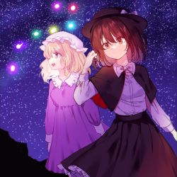 Rule 34 | 2girls, black capelet, black headwear, black skirt, blonde hair, bow, bowtie, breasts, brown eyes, brown hair, capelet, collared dress, collared shirt, commentary request, constellation, dress, frilled skirt, frills, hat, hat bow, highres, kanta (pixiv9296614), long sleeves, maribel hearn, medium hair, mob cap, multiple girls, night, night sky, open mouth, outdoors, purple dress, rainbow-colored septentrion, shirt, skirt, sky, small breasts, standing, star (sky), starry sky, touhou, usami renko, white bow, white bowtie, white headwear, white shirt, yellow eyes