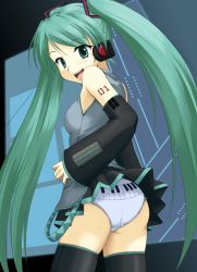 Rule 34 | 1girl, ass, bad id, bad pixiv id, bare shoulders, detached sleeves, from behind, green eyes, green hair, hatsune miku, long hair, looking at viewer, looking back, matching hair/eyes, open mouth, panties, pantyshot, piano print, regdic, skirt, smile, solo, thighhighs, twintails, underwear, upskirt, vocaloid