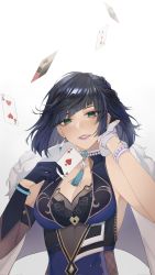 Rule 34 | 1girl, asymmetrical gloves, black gloves, black hair, blue dress, breasts, card, cleavage, cleavage cutout, clothing cutout, commentary, dress, earrings, english commentary, fur trim, genshin impact, gloves, green eyes, hair behind ear, head tilt, highres, holding, holding card, jacket, jacket on shoulders, jewelry, looking at viewer, medium breasts, mismatched gloves, mole, mole on breast, nita (teajinie), parted lips, short hair, solo, upper body, white gloves, white jacket, yelan (genshin impact)