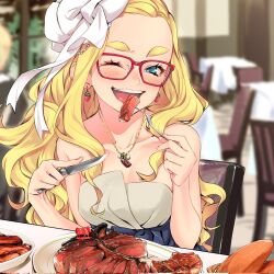 Rule 34 | 1girl, bare shoulders, blonde hair, blush, bow, commentary request, dekomegane, dress, earrings, eating, food, food-themed earrings, food themed earrings, forehead, fork, grey dress, hair bow, highres, holding, holding fork, holding knife, indoors, jewelry, knife, long hair, looking at viewer, necklace, one eye closed, open mouth, original, restaurant, sasetsu, sitting, smile, solo, steak, strapless, strapless dress, strawberry earrings, thick eyebrows