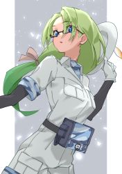 Rule 34 | 1girl, absurdres, belt pouch, blue eyes, breast pocket, camouflage trim, commentary, eyes visible through hair, glasses, gloves, green hair, grey background, hair between eyes, hair ribbon, hat, highres, japari symbol, kemono friends, long hair, looking away, low-tied long hair, mirai (kemono friends), parted lips, pocket, pouch, ribbon, semi-rimless eyewear, short sleeves, shorts, simple background, solo, tanabe (fueisei), under-rim eyewear, white gloves, white shorts, wing collar