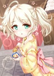 Rule 34 | 1girl, ahoge, back bow, blonde hair, bow, bowl, commentary request, day, food, food request, green eyes, highres, holding, holding bowl, holding spoon, idolmaster, idolmaster cinderella girls, japanese clothes, kimono, long sleeves, outdoors, parted bangs, pink bow, regular mow, solo, spoon, star (symbol), twintails, wide sleeves, yellow kimono, yusa kozue