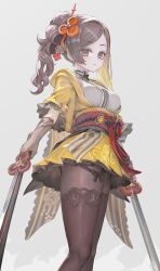 Rule 34 | 1girl, breasts, brown gloves, brown hair, brown pantyhose, brown thighhighs, chiori (genshin impact), commentary, cowboy shot, elbow gloves, genshin impact, geo symbol (genshin impact), gloves, grey background, hair ornament, hairpin, highres, holding, holding sword, holding weapon, japanese clothes, kimono, light frown, looking at viewer, medium breasts, obi, pantyhose, red eyes, sash, side ponytail, simple background, solo, sword, thighhighs, vision (genshin impact), voruvoru, wavy hair, weapon, yellow kimono