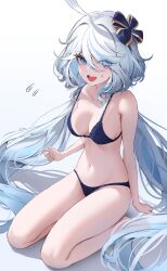 Rule 34 | 1girl, bare shoulders, blue eyes, blue hair, breasts, cleavage, erbium, furina (genshin impact), genshin impact, highres, light blue hair, long hair, medium breasts, multicolored hair, open mouth, smile, solo, streaked hair, swimsuit, underwear, underwear only