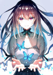 Rule 34 | 1girl, bad id, bad pixiv id, blue nails, blush, breasts, brown hair, bug, butterfly, closed mouth, collarbone, dress, earrings, eyebrows, fingernails, hair between eyes, hands up, highres, insect, jewelry, koh rd, long hair, looking at viewer, nail polish, original, red eyes, see-through, sleeveless, smile, straight hair