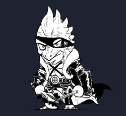 Rule 34 | 1boy, abs, animal feet, barefoot, belt, blacknirrow, blue background, cape, chibi, claws, closed mouth, coat, domino mask, dual wielding, full body, gloves, holding, holding weapon, long sleeves, male focus, mask, monochrome, monster boy, no shirt, one piece, open clothes, open coat, pants, pectorals, simple background, sketch, solo, spikes, standing, weapon, x drake