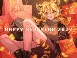 Rule 34 | 1girl, 2022, :o, absurdres, animal ears, ankle boots, bag, black footwear, black jacket, black skirt, blonde hair, boots, brown sweater, commentary request, curly hair, happy new year, highres, jacket, long hair, looking at viewer, merukoodo, new year, open mouth, original, reclining, skirt, solo, sweater, tail, teeth, tiger, tiger ears, tiger tail, yellow eyes